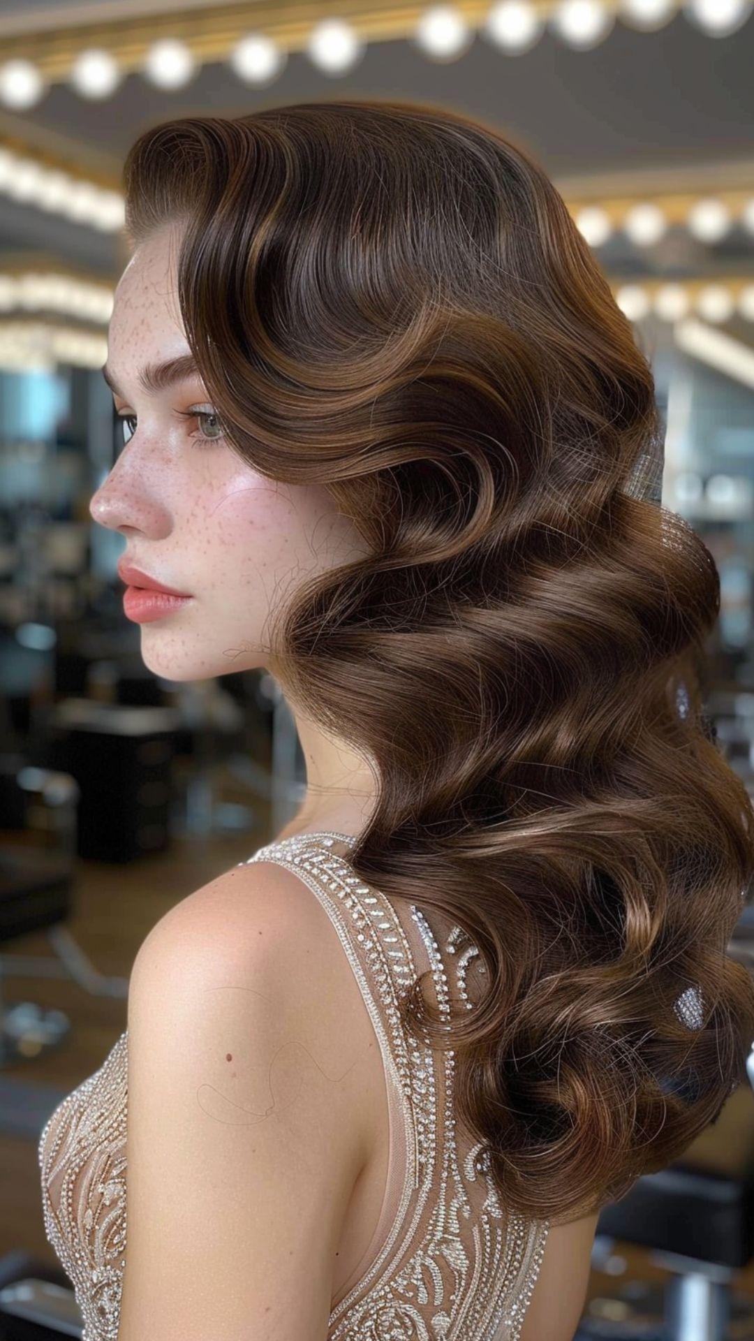 Side part Hollywood wave hairstyle