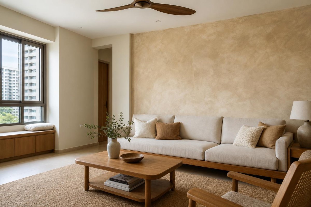 Modern living room with textured limewash statement wall in earthy tones