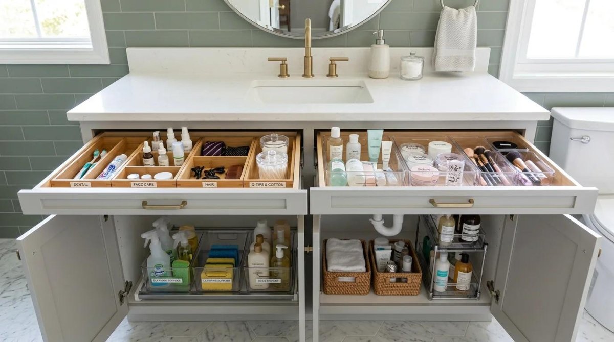 Bathroom drawer with labeled storage bins for skincare haircare and dental essentials
