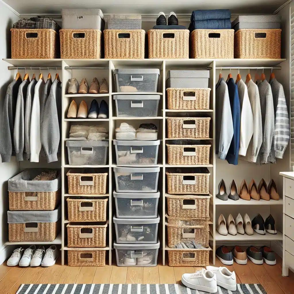 Slim baskets and bins on closet shelves