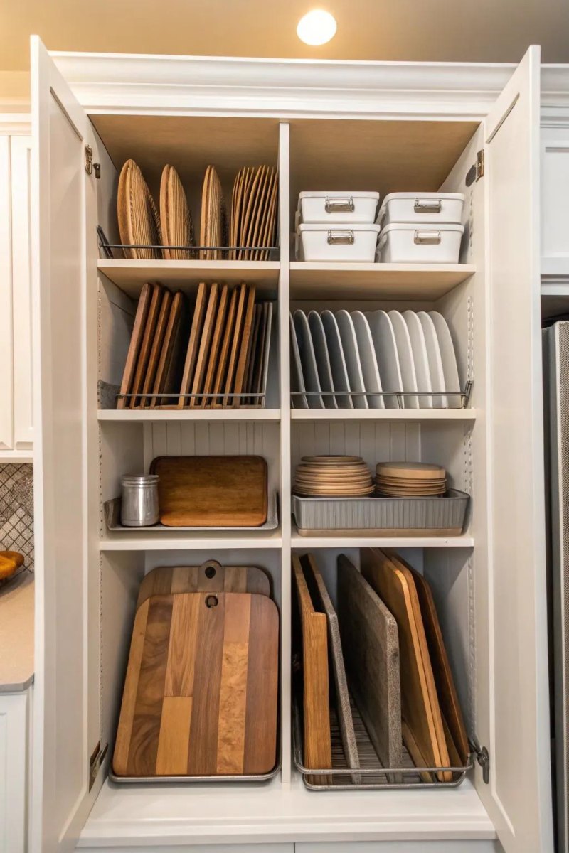 Vertical dividers storing trays and cutting boards upright
