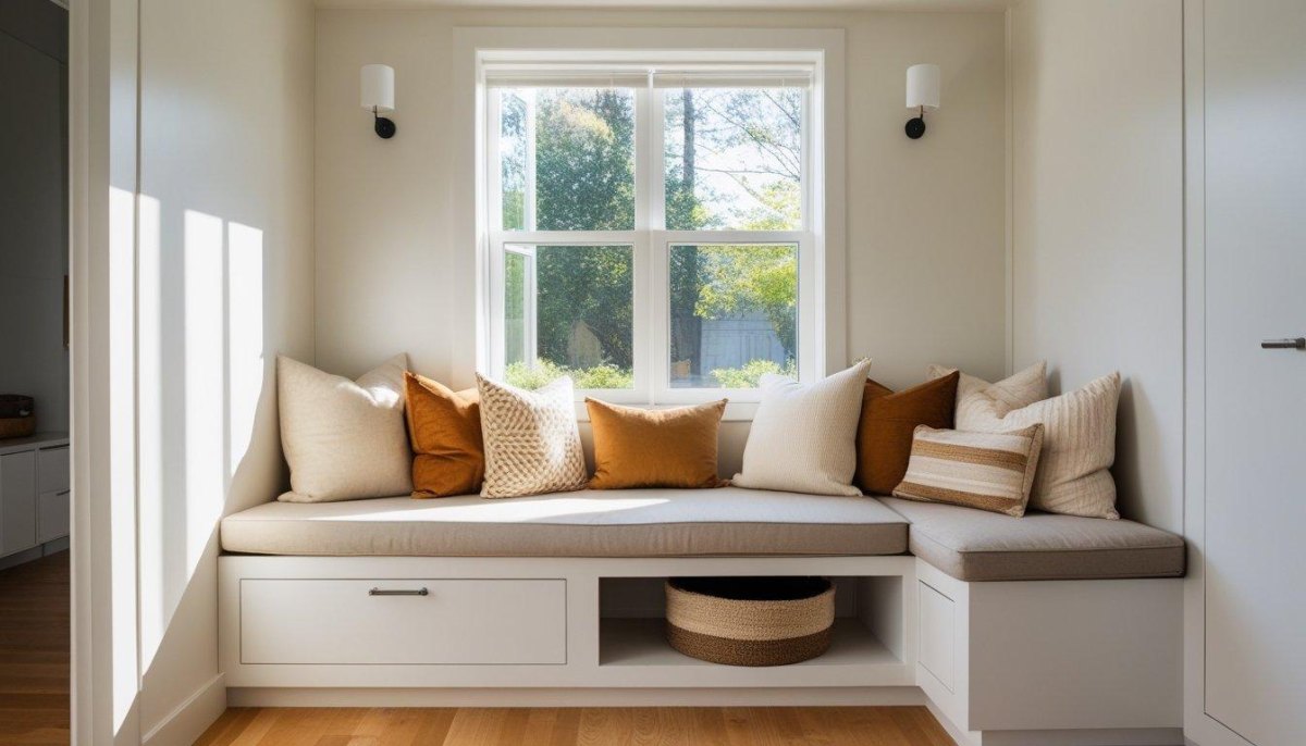 Aesthetic apartment window seat with soft cushions and warm blankets