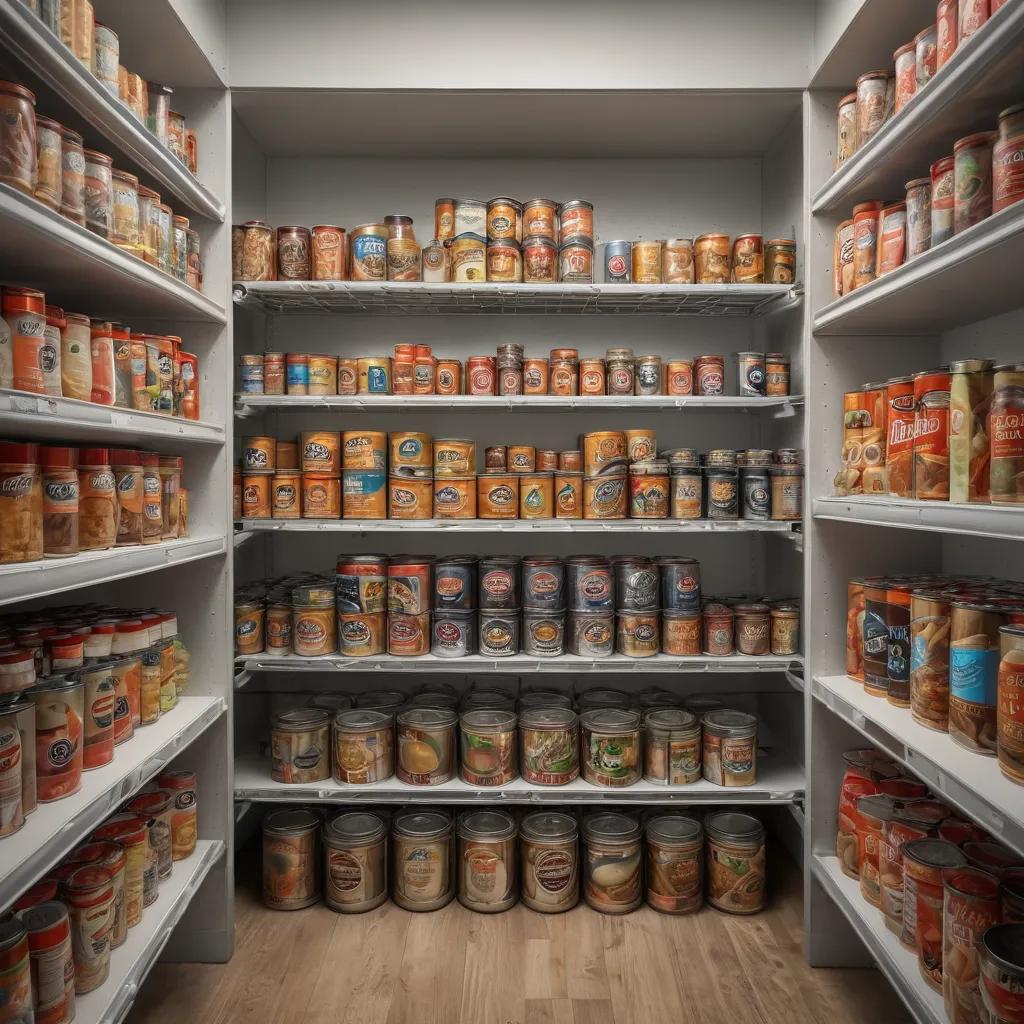 Dedicated pantry shelves hold a large collection of canned vegetables, beans, soups, and fruit.