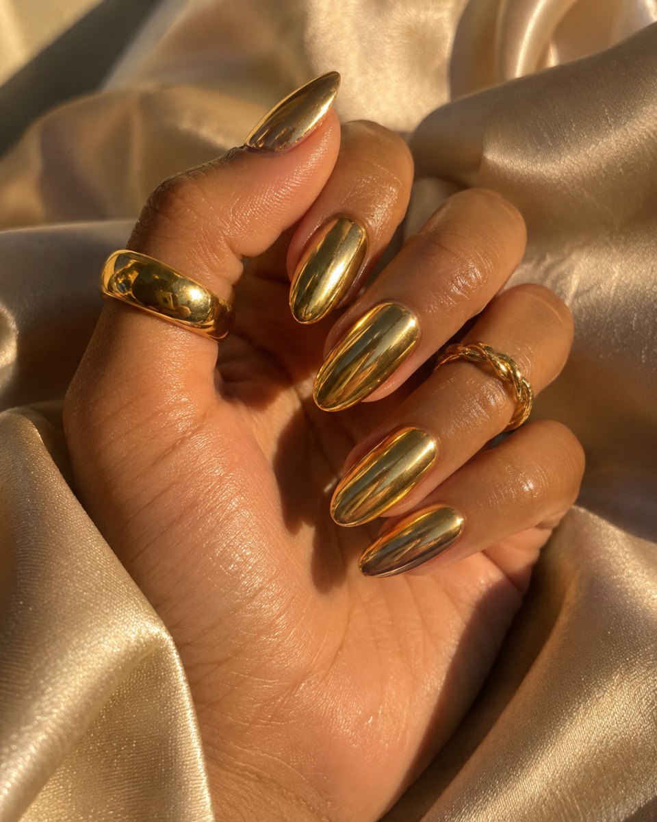 Golden chrome nails inspired by Beyoncé