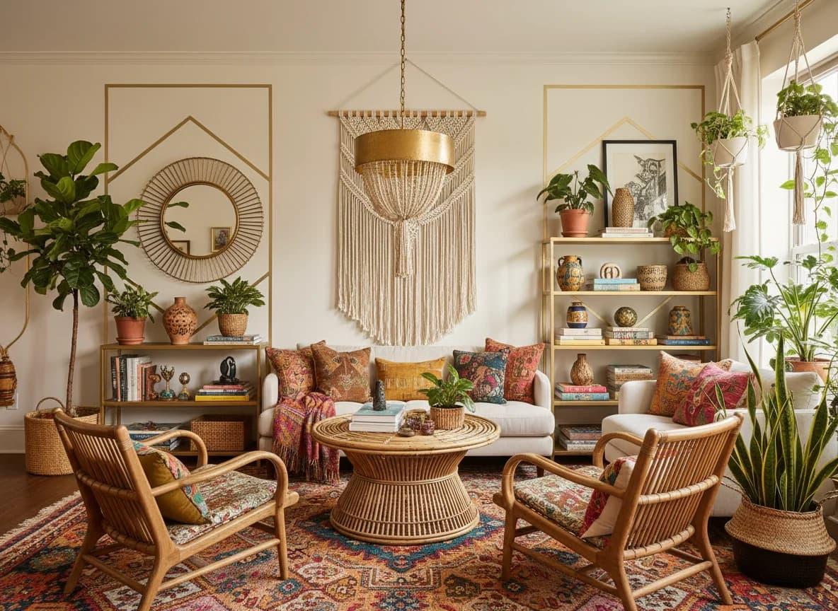 Boho apartment decor with rattan furniture plants and earthy textiles
