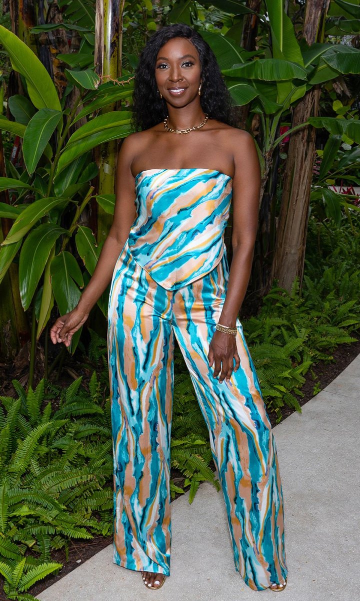 Tall woman wearing bold print outfit