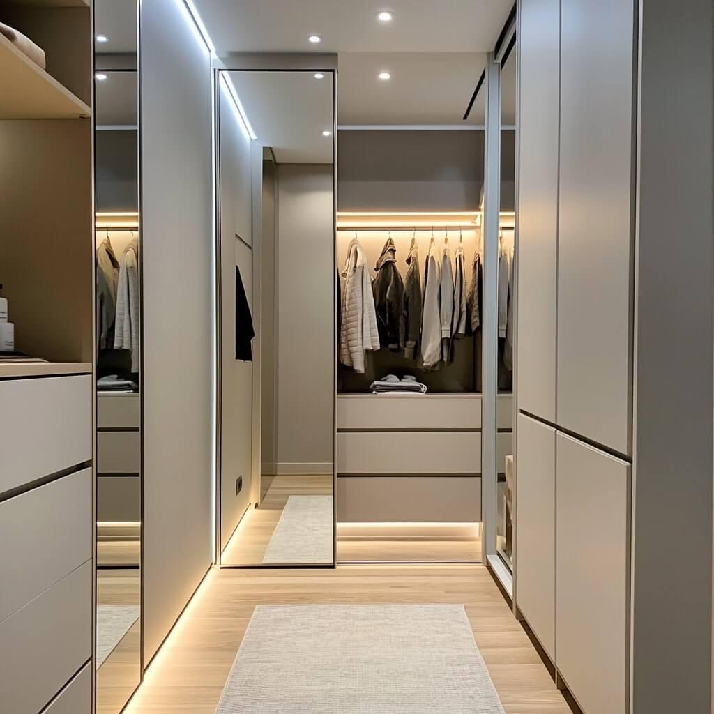 Mirrors and LED lights in closet