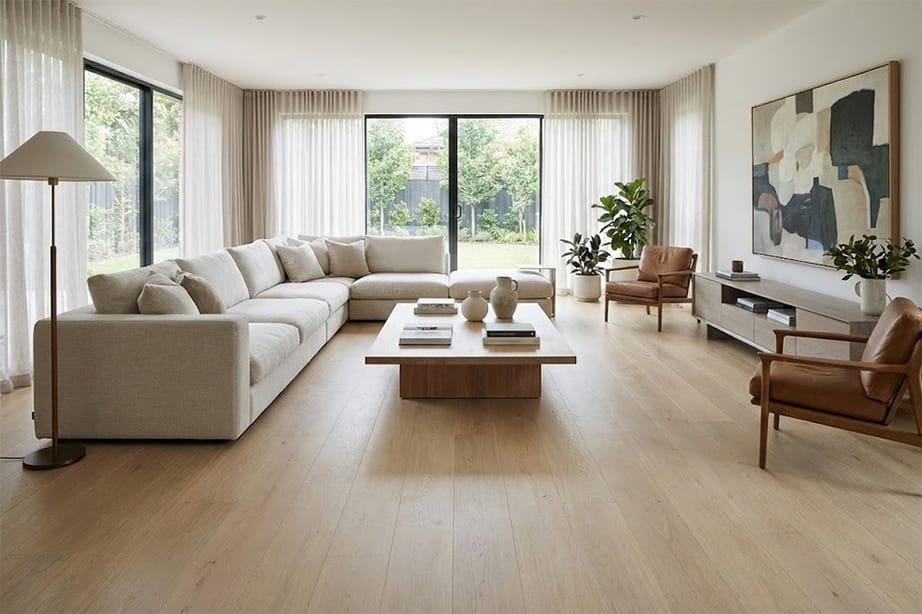 Bright living room with natural oak flooring and neutral furnishings