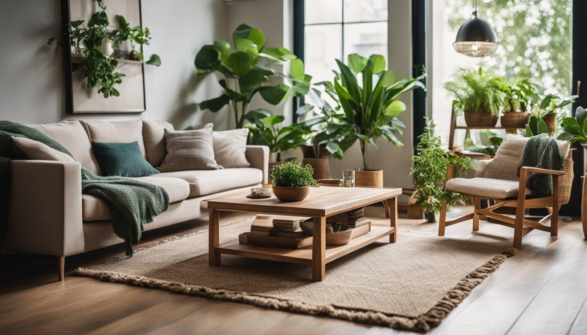 Lush indoor plants with natural wood furniture and earthy textiles