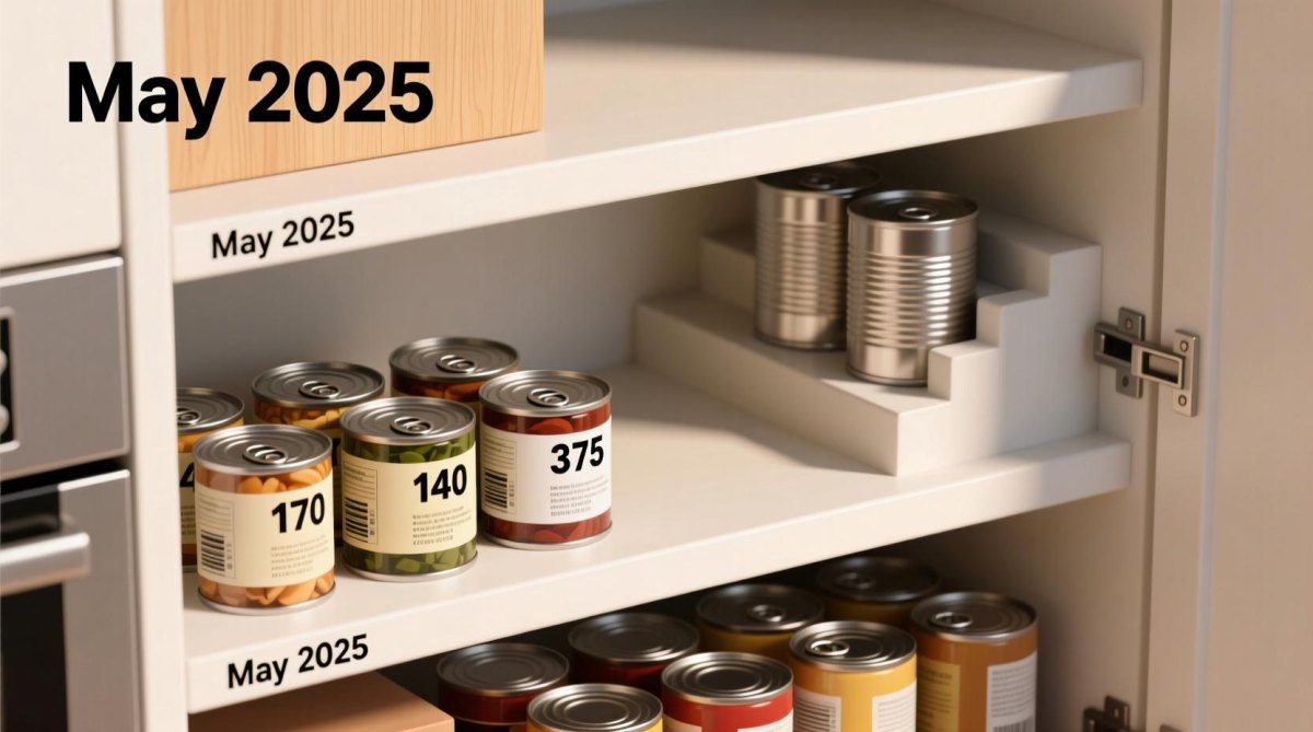 Canned food date labels support pantry rotation and help identify older stock first.