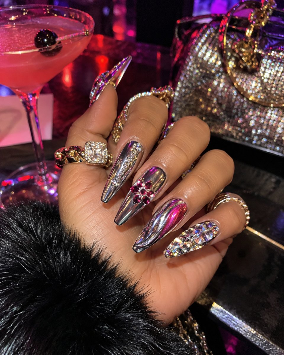 Bold jeweled chrome nails inspired by Cardi B