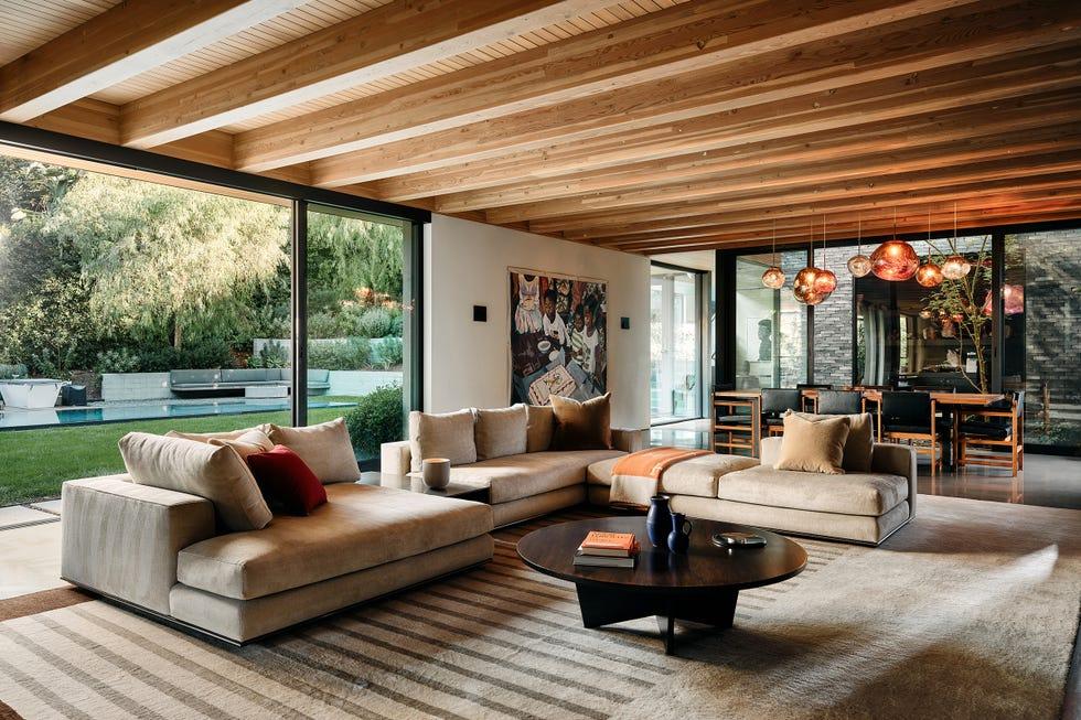 Celebrity home natural wood living room
