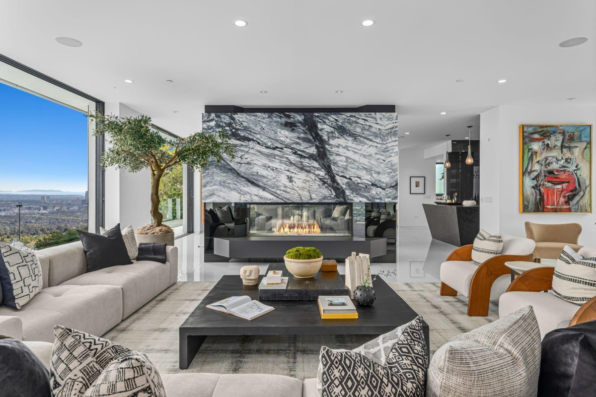 Celebrity living room marble accents