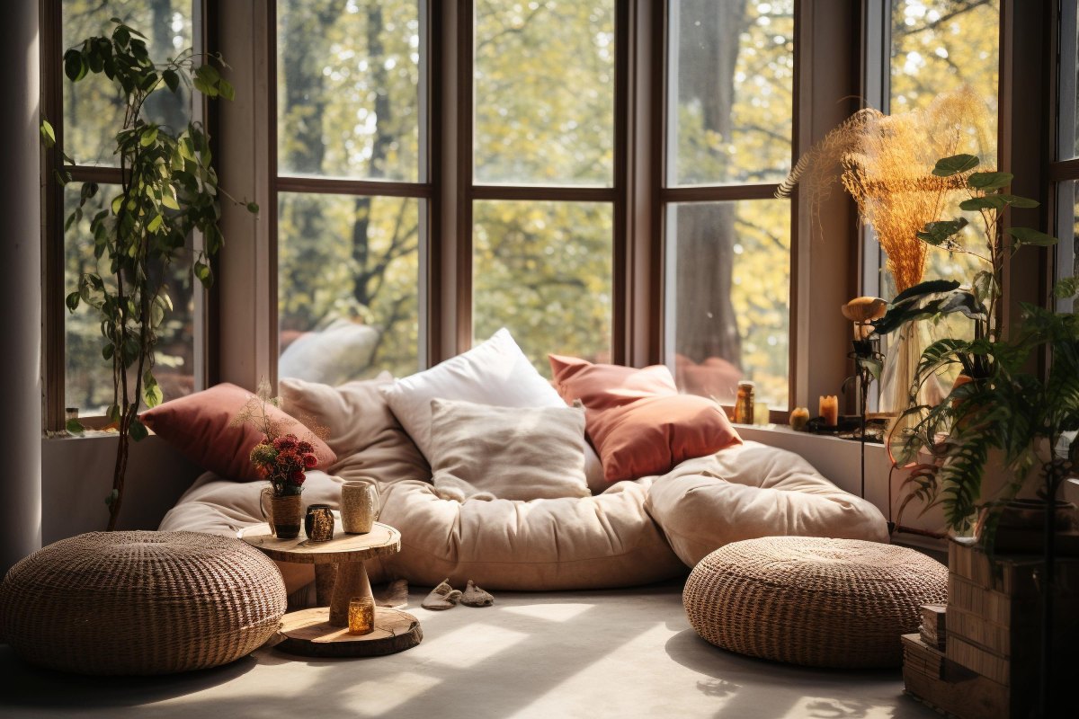 Cozy apartment floor seating with oversized cushions and knitted pillows