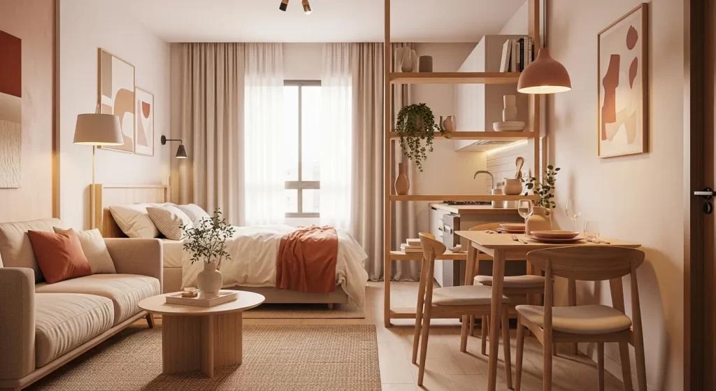 Cozy studio apartment with multifunctional furniture and defined living zones