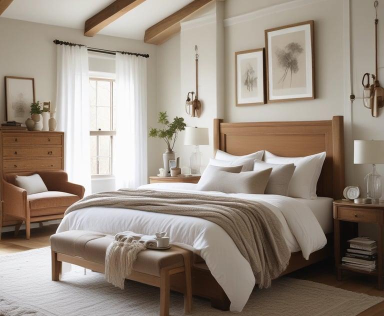 Serene bedroom with white linen bedding and warm wooden furniture