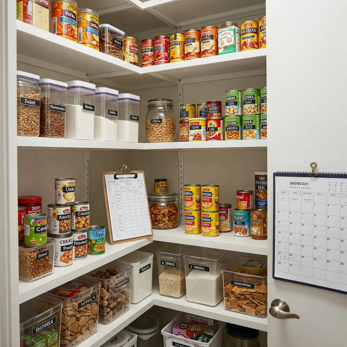 Corner pantry shelves combine canned goods, labeled dry-food containers, baskets, and an inventory list.