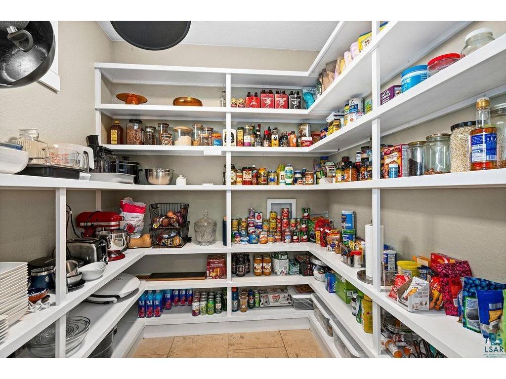 Canned goods arranged neatly on stepped pantry shelves