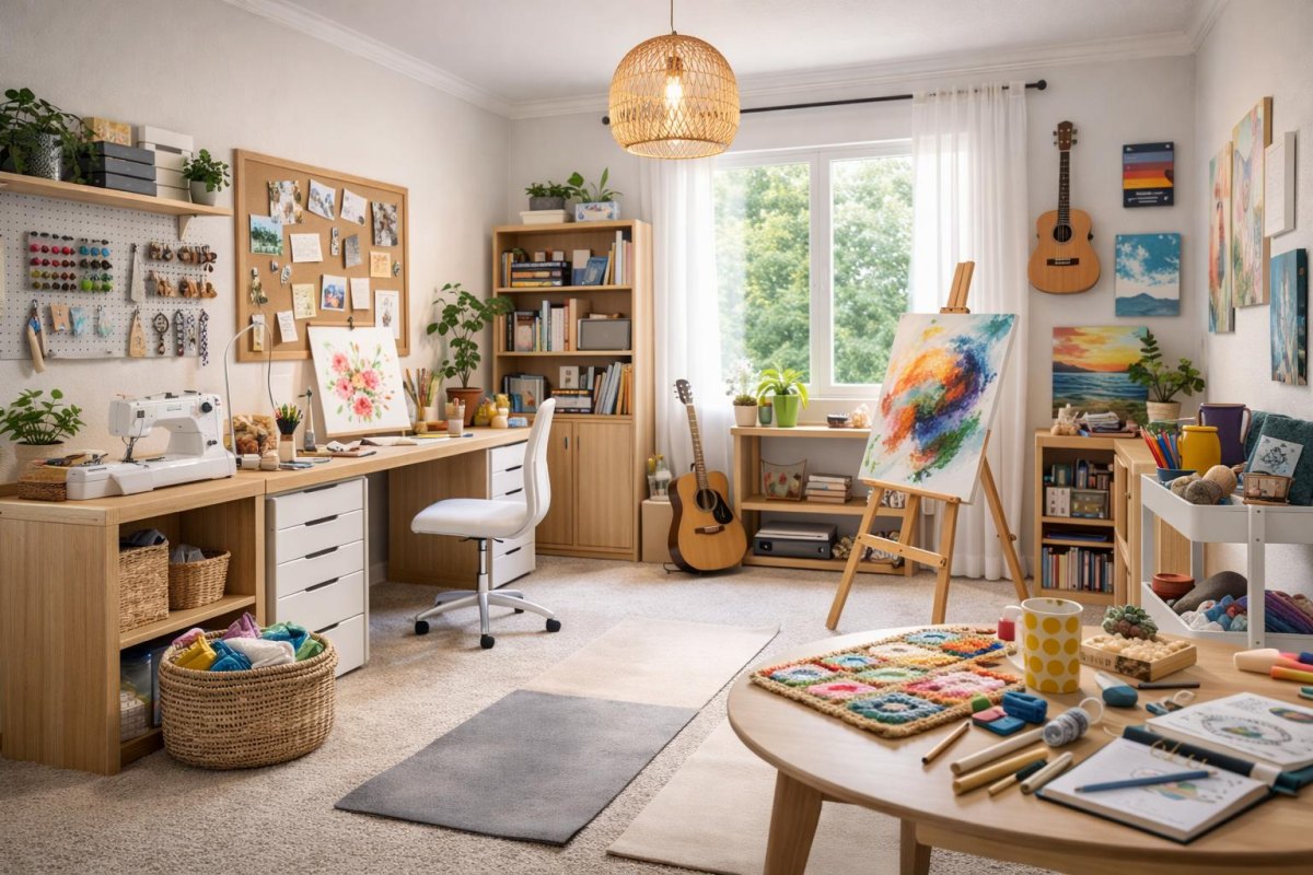 Peaceful hobby room with comfortable armchair bookshelves and creative supplies