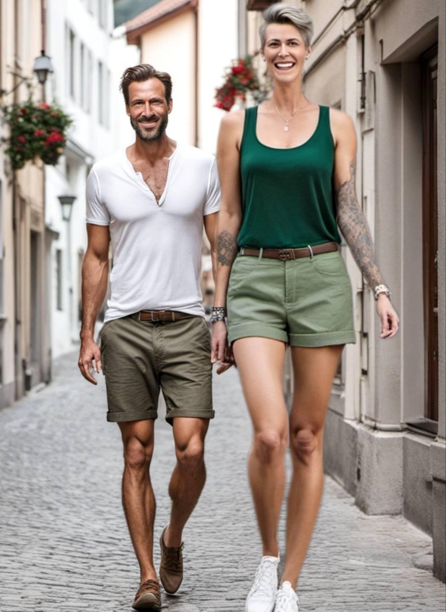Tall woman walking with partner