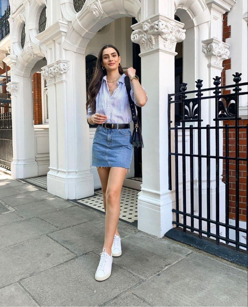 Denim skirt fashion look