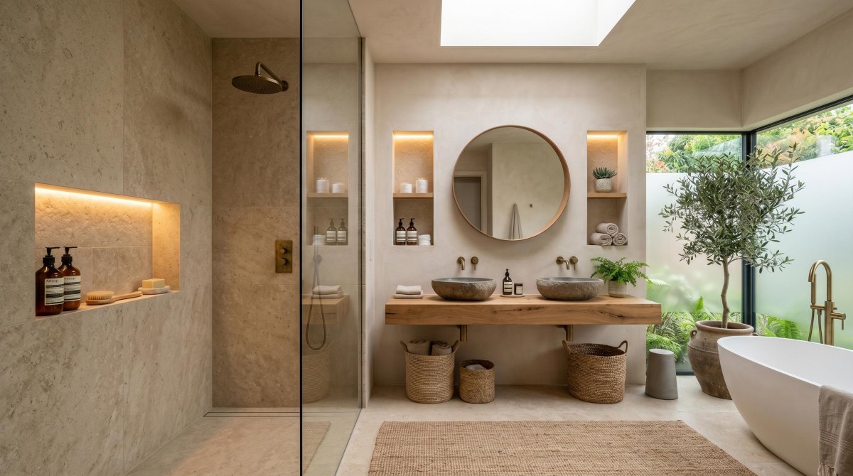 Spa-inspired bathroom with walk-in shower and natural stone finishes