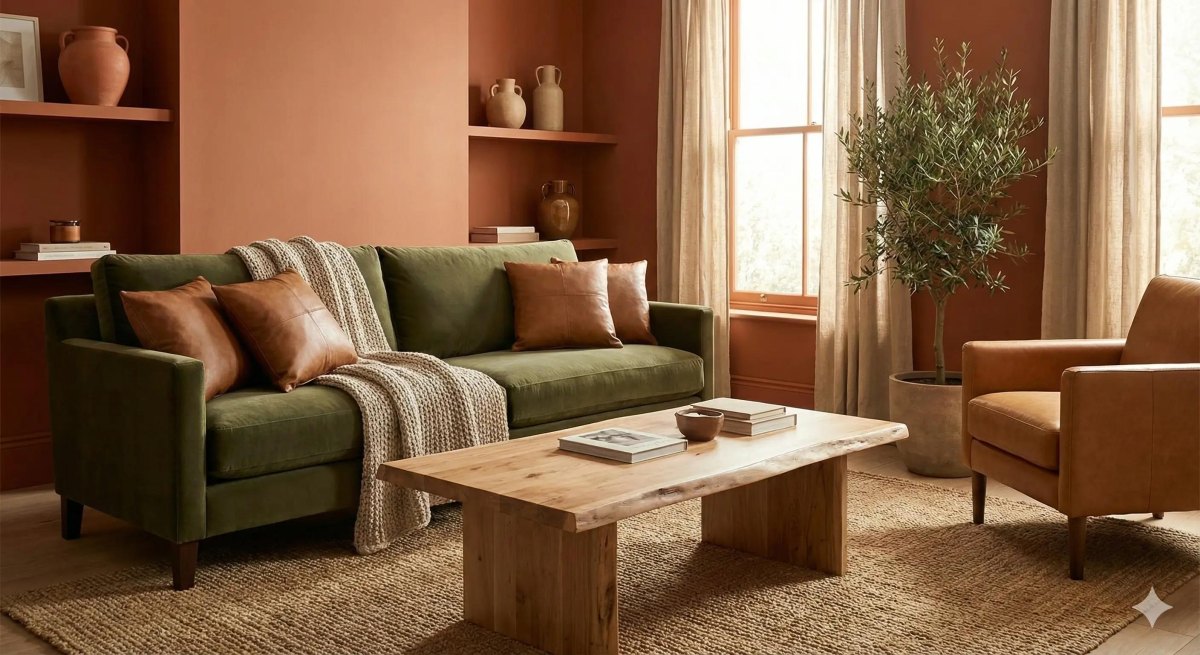 Sophisticated living room in olive green terracotta cream and walnut tones
