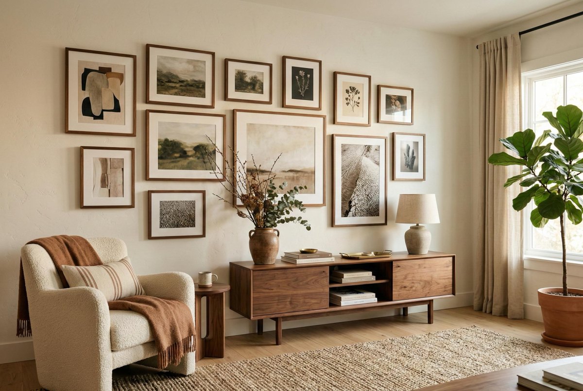 Cozy apartment gallery wall with framed artwork and personal photographs