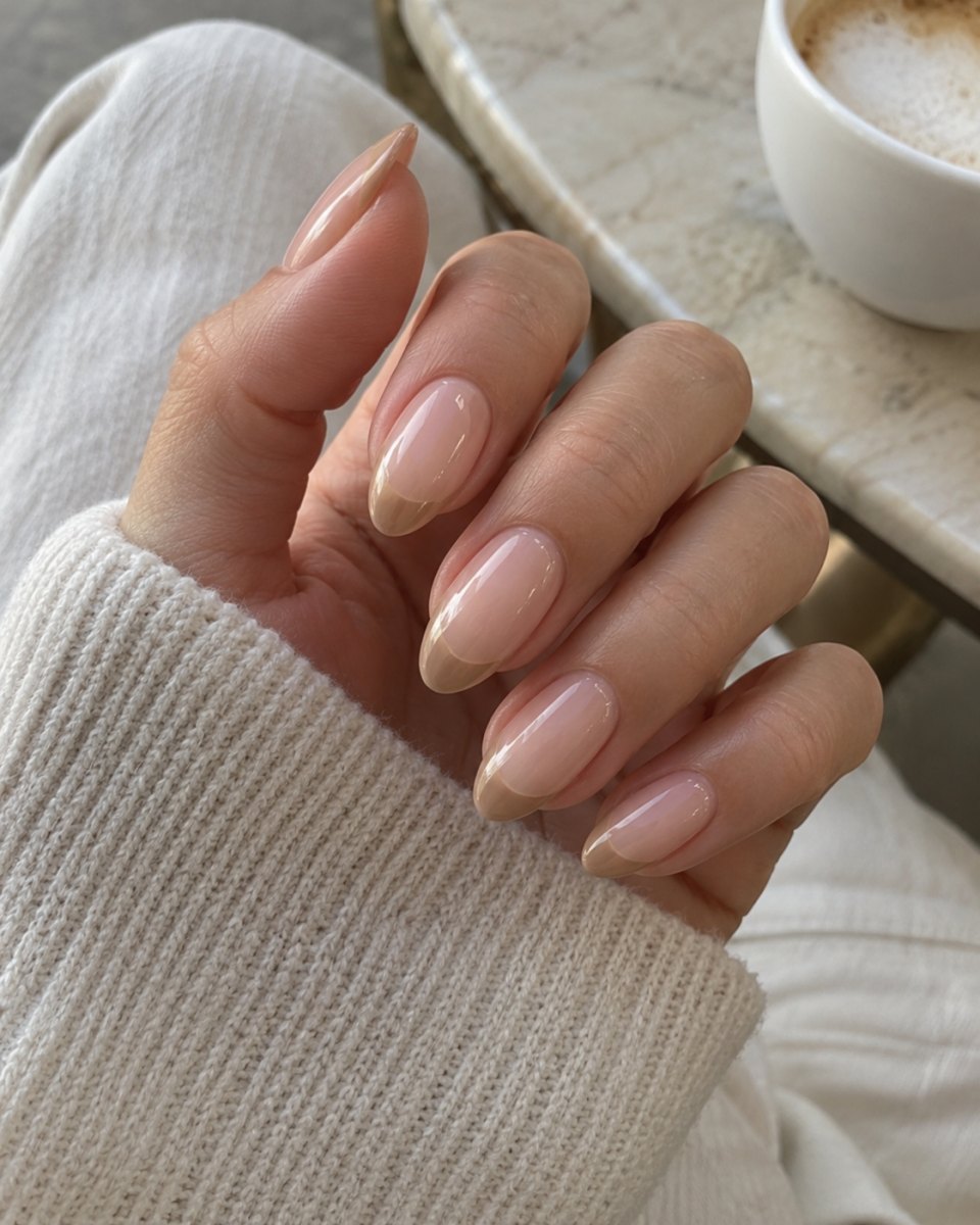 Nude French manicure on almond nails