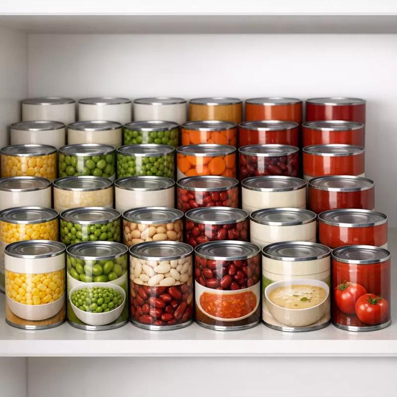 Tiered wooden pantry stands display canned vegetables and beans with visible product labels.