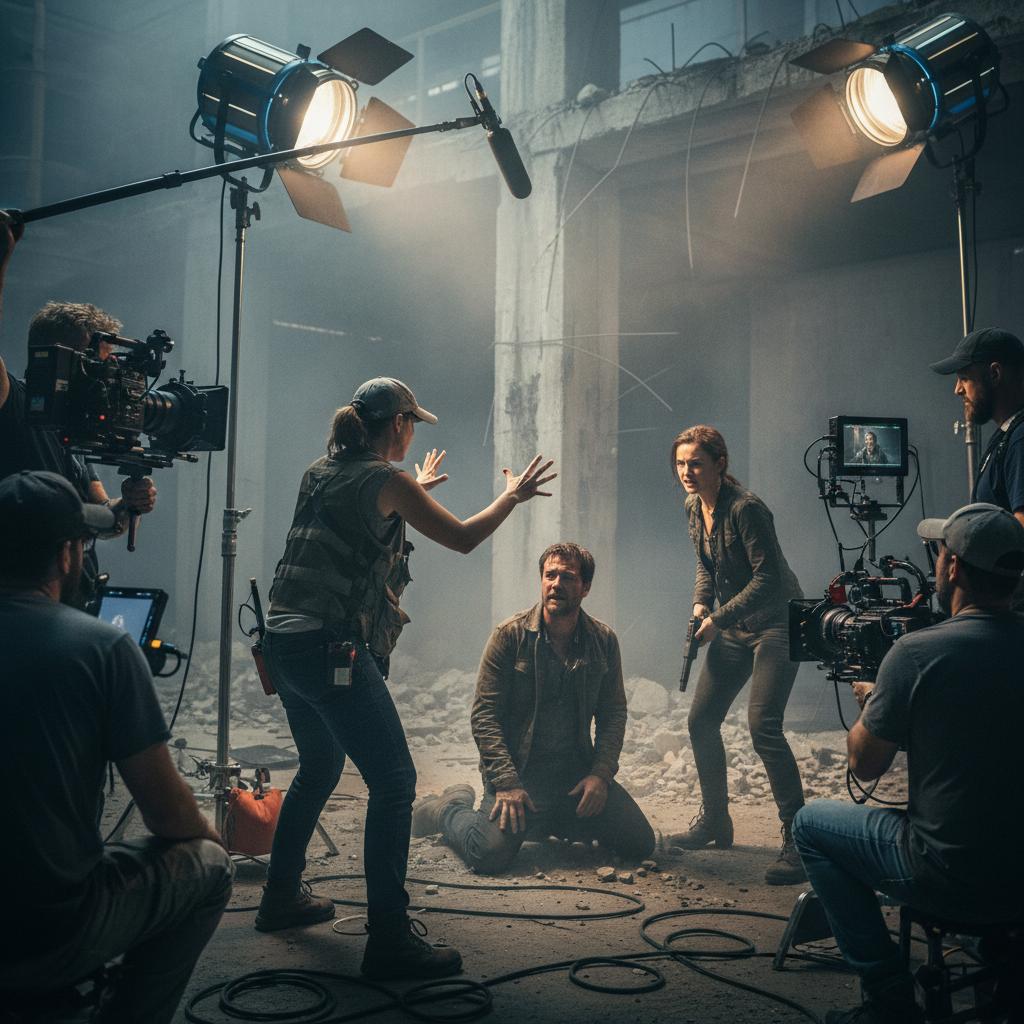 Actors filming movie scene
