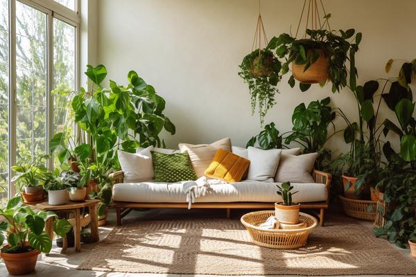 Cozy apartment living room filled with indoor plants and natural light