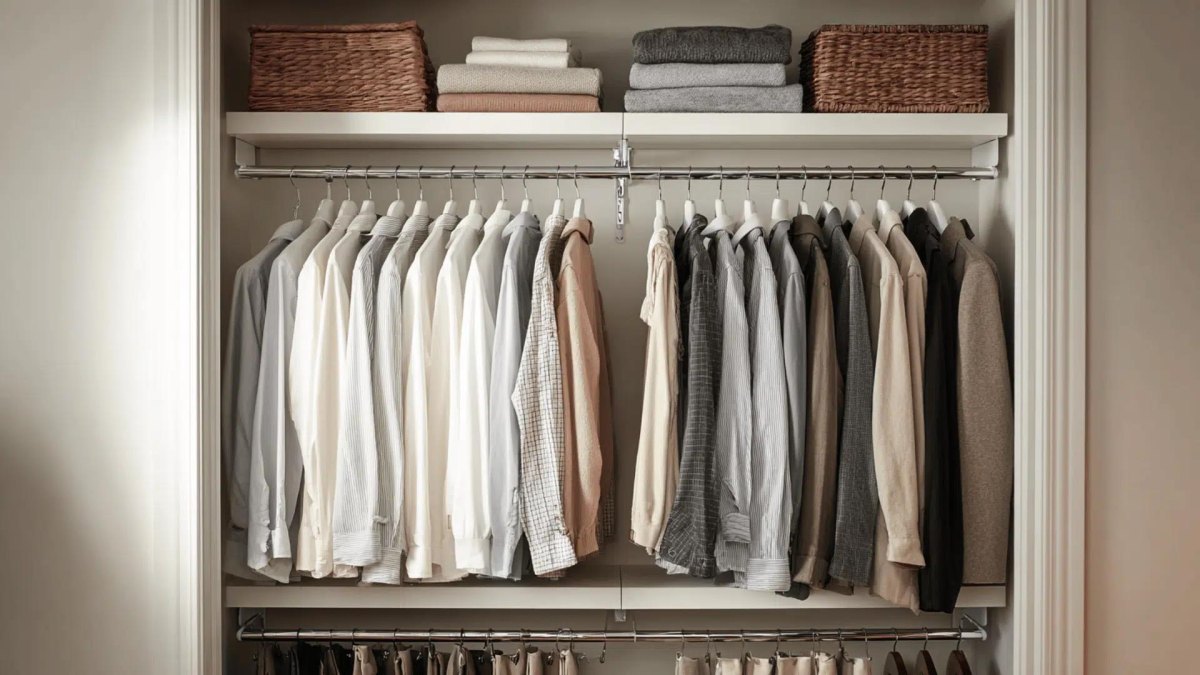 Closet with a double hanging rod system
