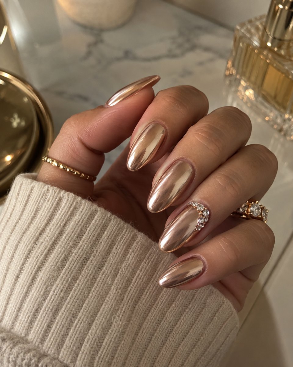 Champagne chrome nails inspired by Jennifer Lopez
