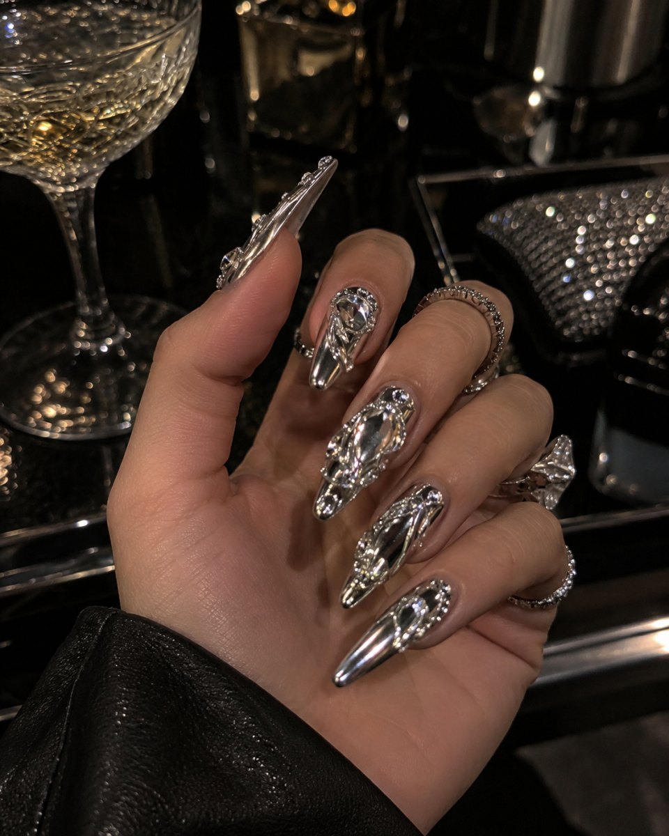 Crystal chrome nails inspired by Lady Gaga