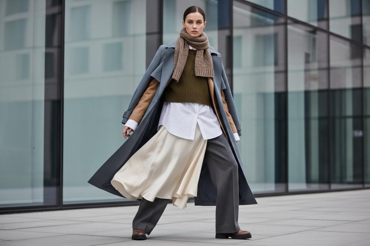 Tall model wearing layered fashion