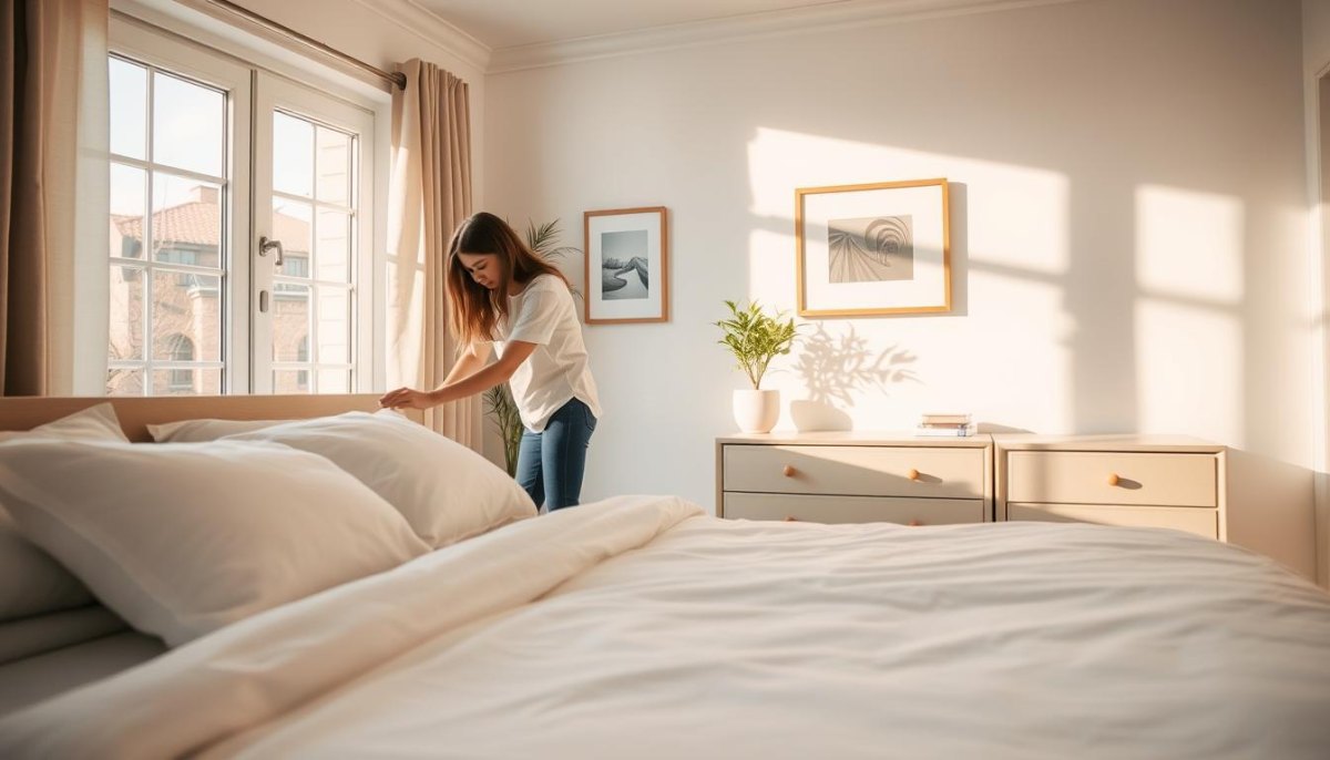 Clean organized bedroom routine