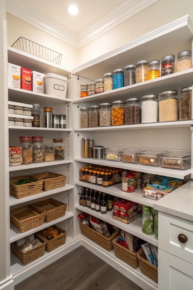 Walk-in pantry corner with efficient shelving and storage