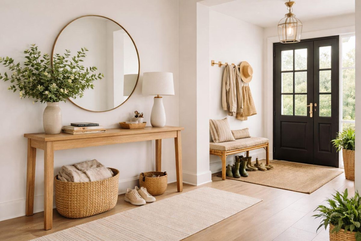 Welcoming entryway with wooden console mirror hooks and woven baskets