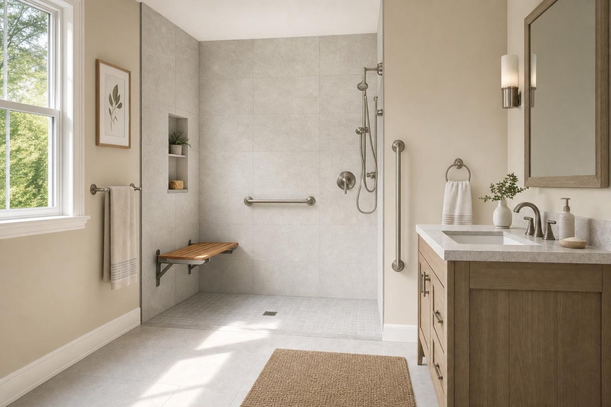 Accessible bathroom with walk-in shower grab bars and elegant finishes