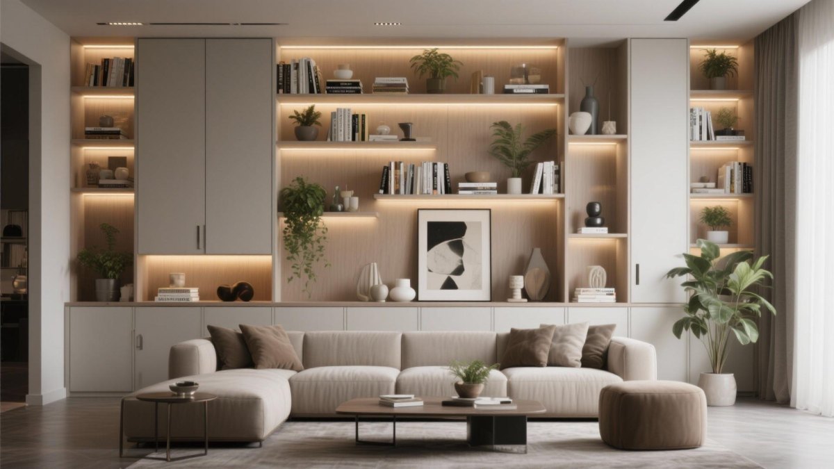 Modern built-in living room cabinets with closed storage and open shelves