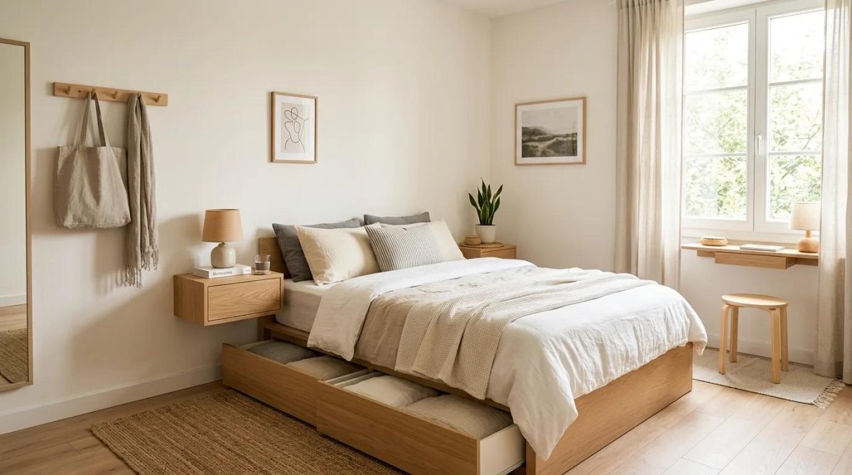 Minimalist cozy bedroom with neutral bedding and warm wooden furniture