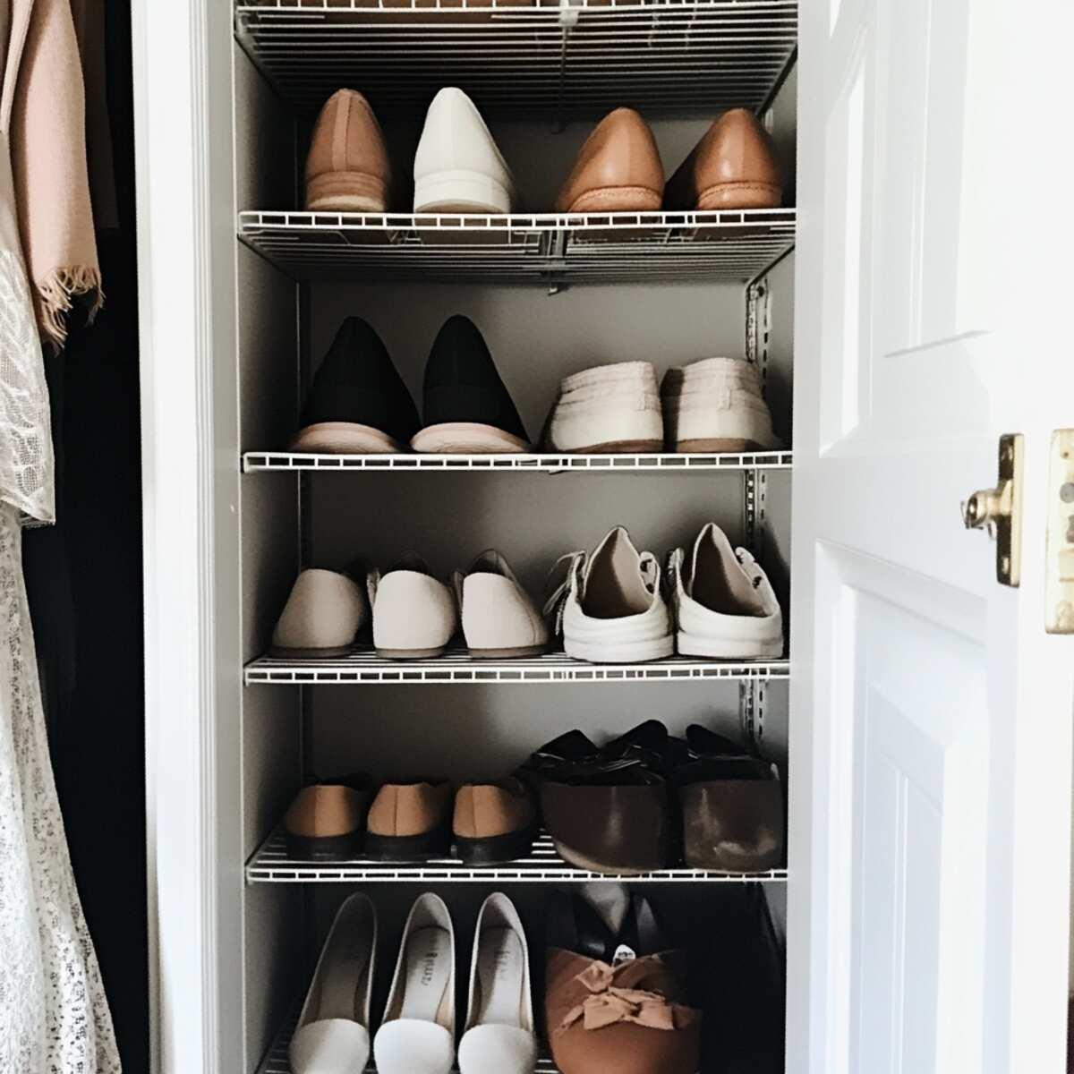 Compact shoe rack inside a small closet