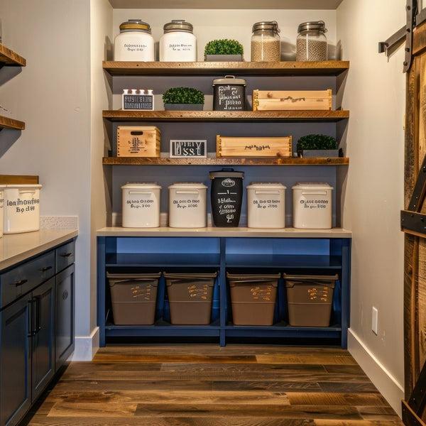 Bulk pantry supplies arranged on sturdy lower shelves