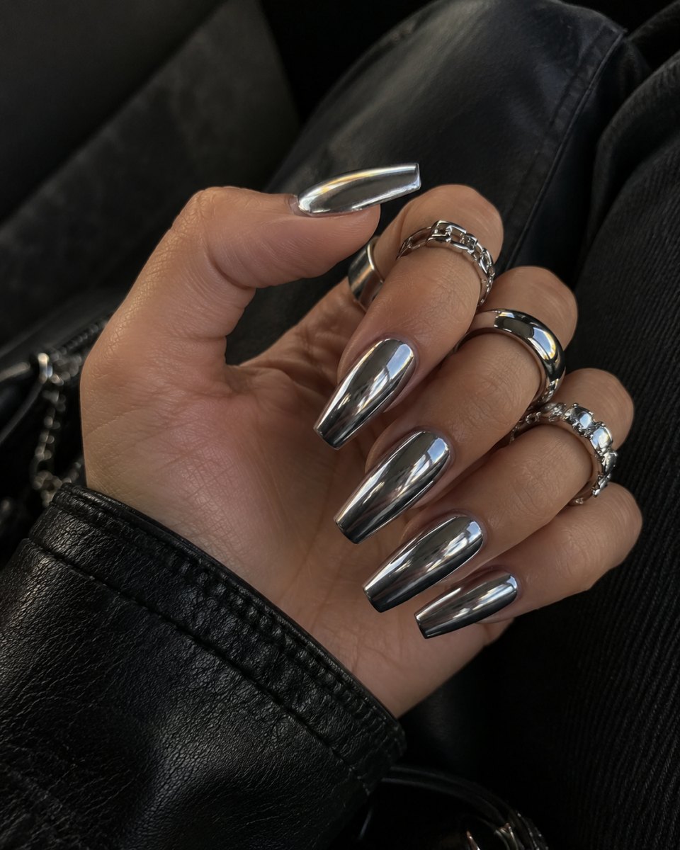 Silver chrome statement nails inspired by Rihanna