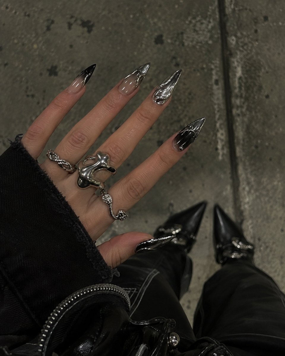 Edgy chrome nails inspired by Rosalía