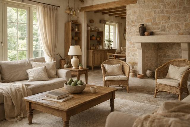 Rustic apartment interior with natural wood furniture and warm textiles
