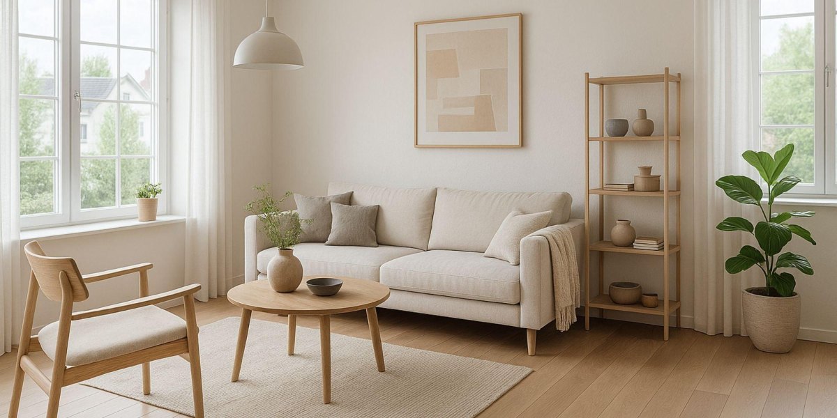 Scandinavian cozy apartment with pale wood furniture and cream sofa