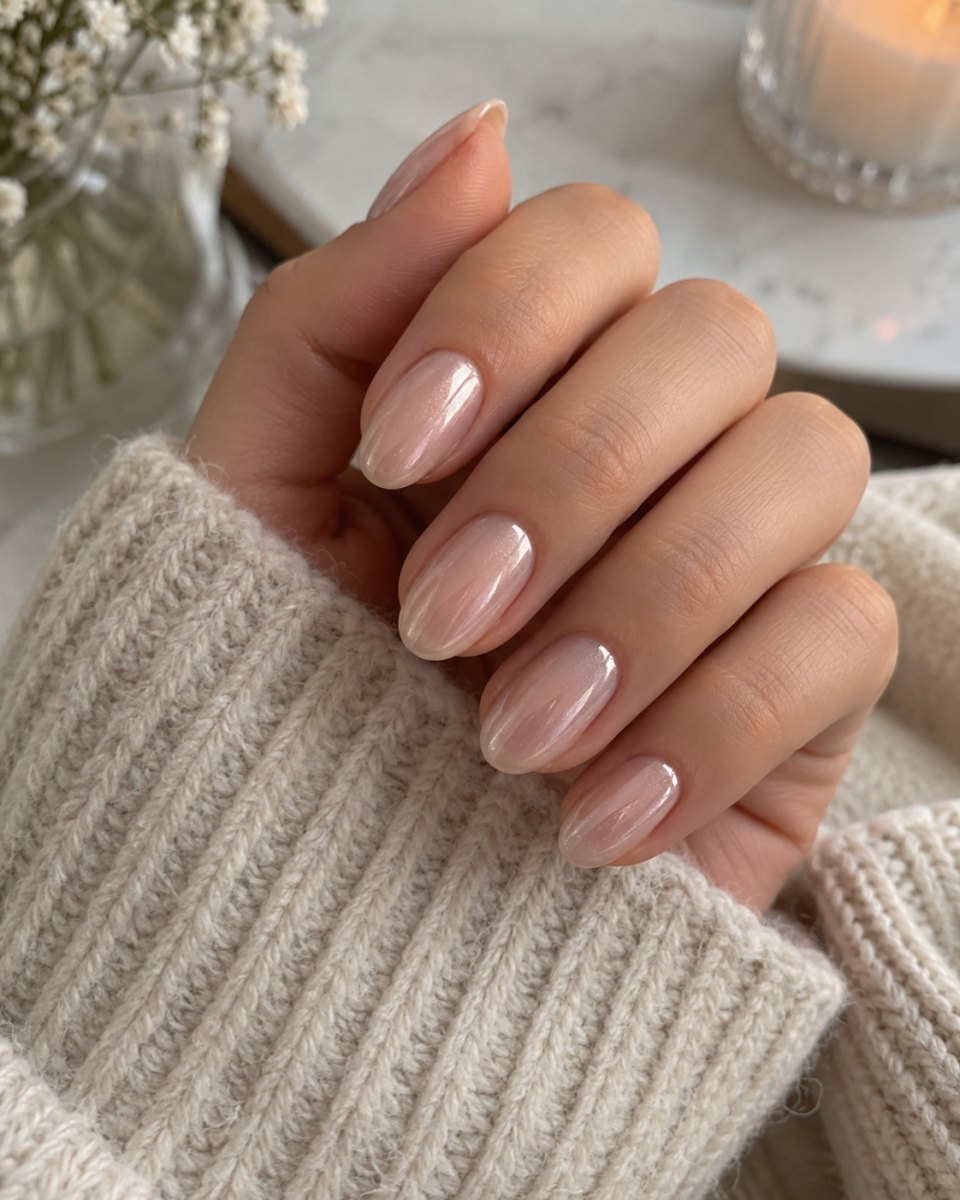 Soft pearl chrome nails inspired by Selena Gomez