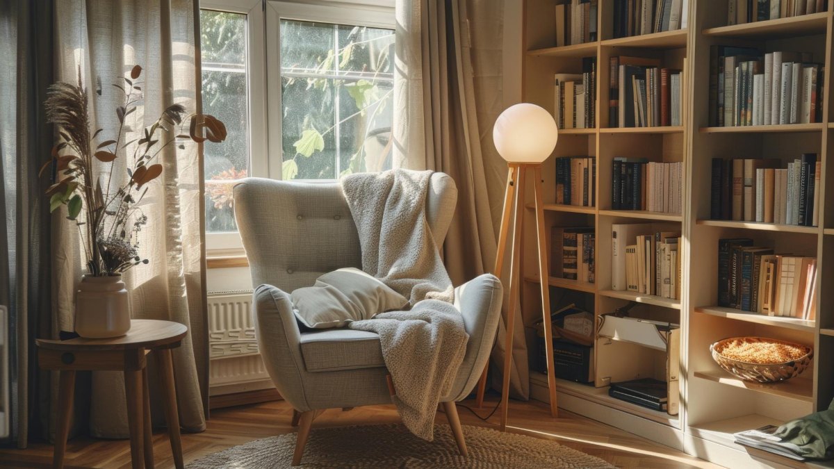 Small apartment reading nook with armchair bookshelf and floor lamp